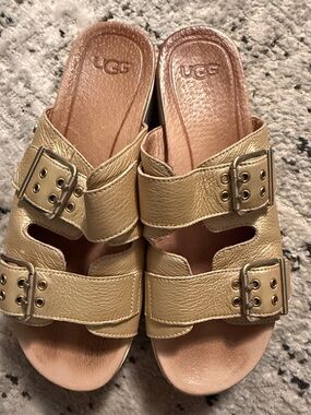UGG Cammie Metallic Gold Leather Double-Buckle Platform Slides - 9